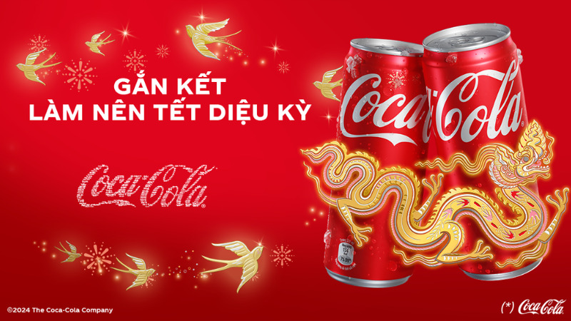 Coca-cola phiên bản Tết 2024 lần đầu tiên xuất hiện thêm một biểu tượng con giáp song hành cùng đàn Én Vàng
